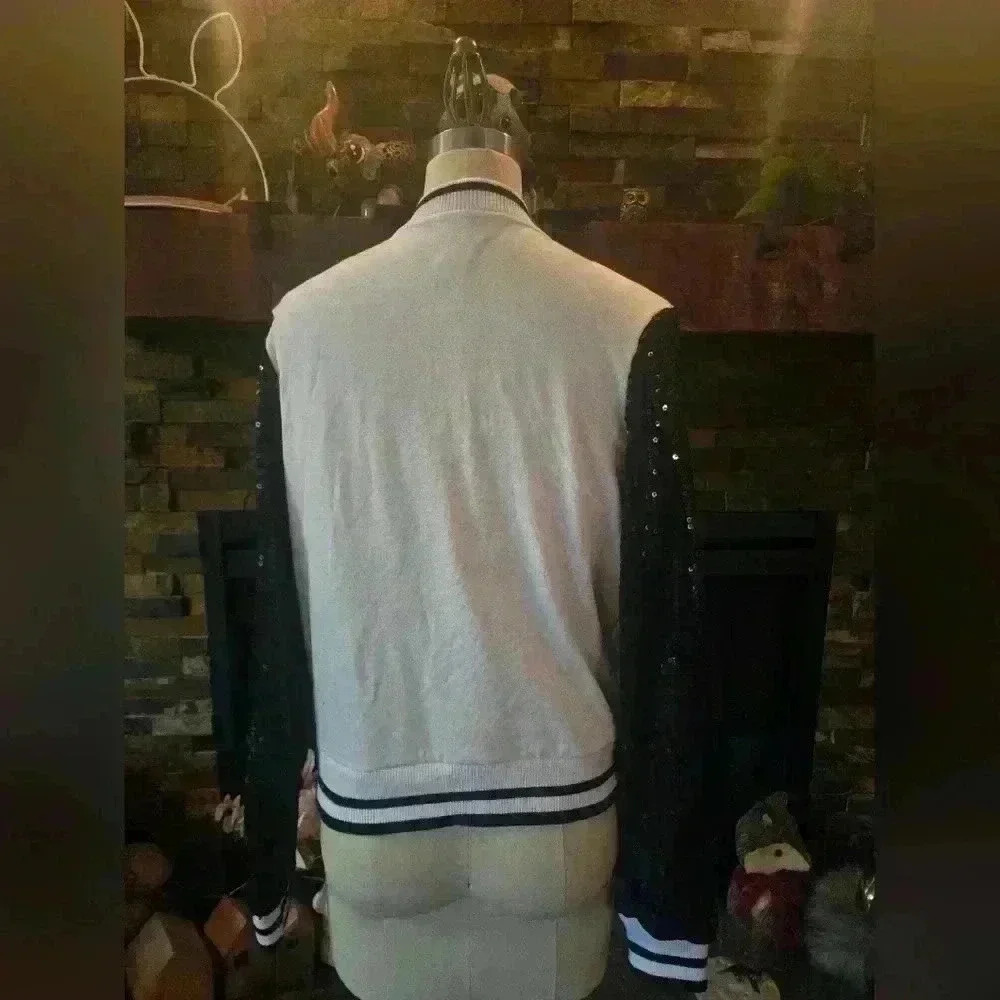 White baseball jacket with black sequin sleeves - image 1